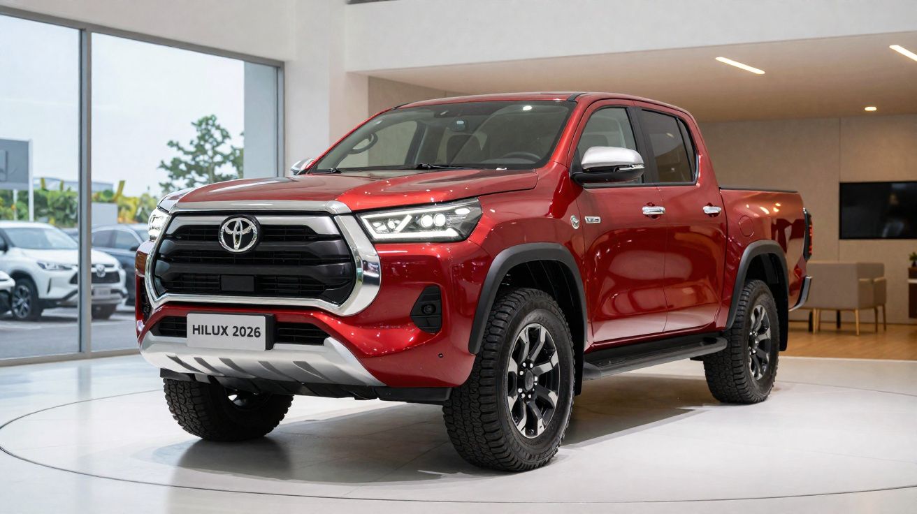 Pick-up Toyota Hilux 2026 vermelha em exposição numa sala moderna e iluminada.