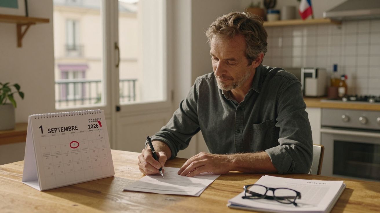Homem sentado à mesa a escrever numa folha, com calendário de setembro 2026 em destaque.