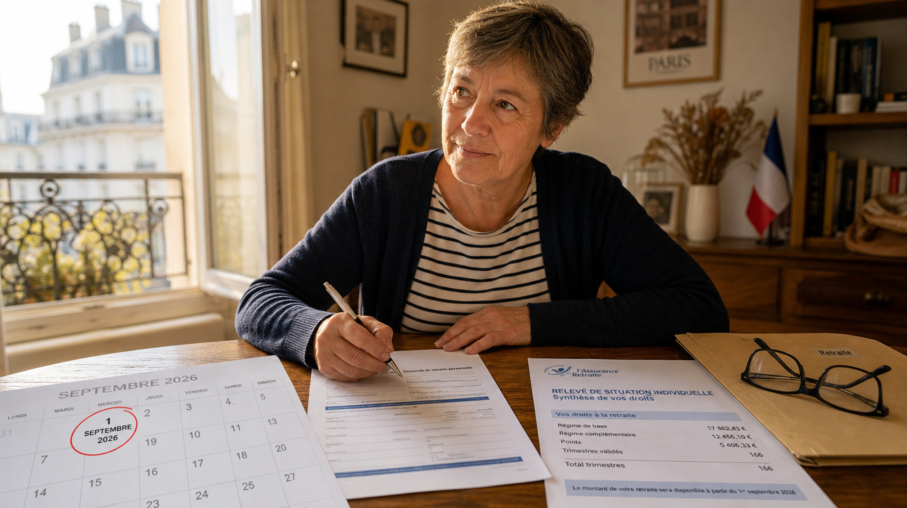 Mulher sénior a preencher documentos numa mesa com calendário de setembro de 2026 aberto e óculos.