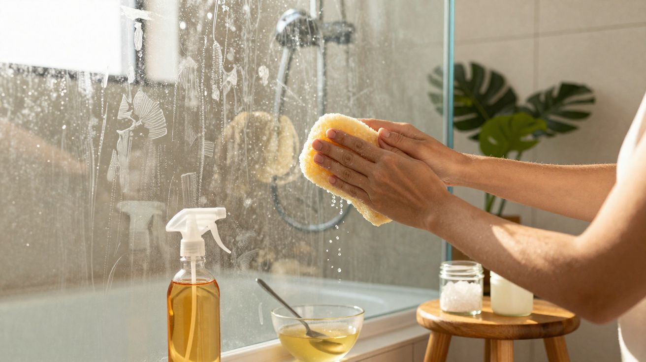 Pessoa a limpar um espelho de casa de banho com uma esponja húmida e produtos de limpeza naturais.