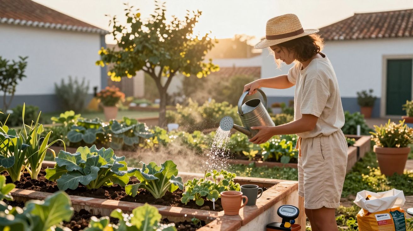 Mulher a regar plantas numa horta caseira ao entardecer, usando regadeira e chapéu de palha.