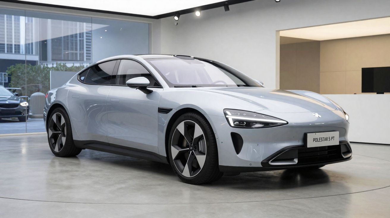 Carro elétrico Polestar 5 cinzento exposto num showroom moderno e luminoso.