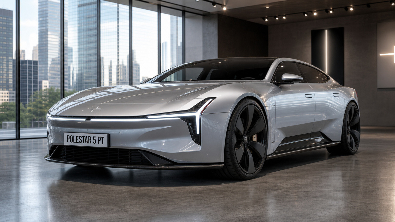 Carro elétrico moderno Polestar 5 prata em exposição numa sala com vidros e vista urbana.