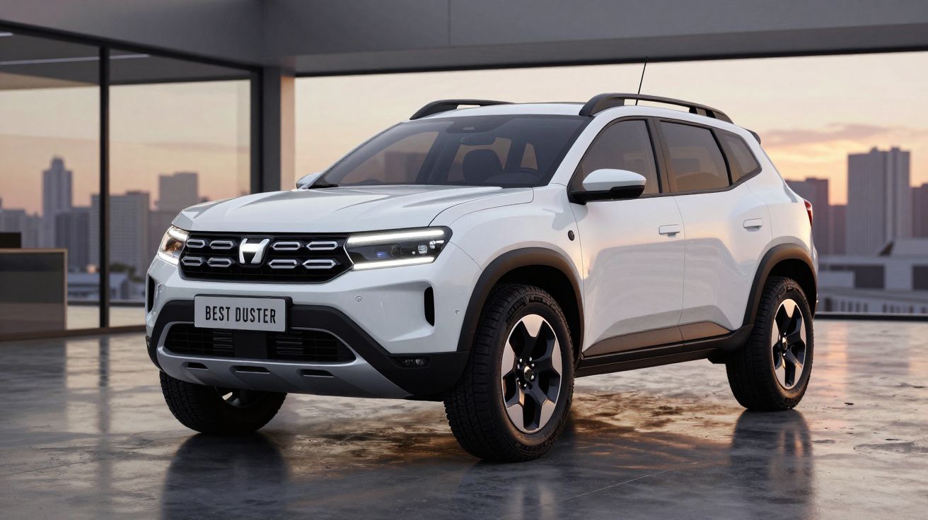 SUV branco Dacia Duster estacionado em espaço fechado com vista para cidade ao pôr do sol.