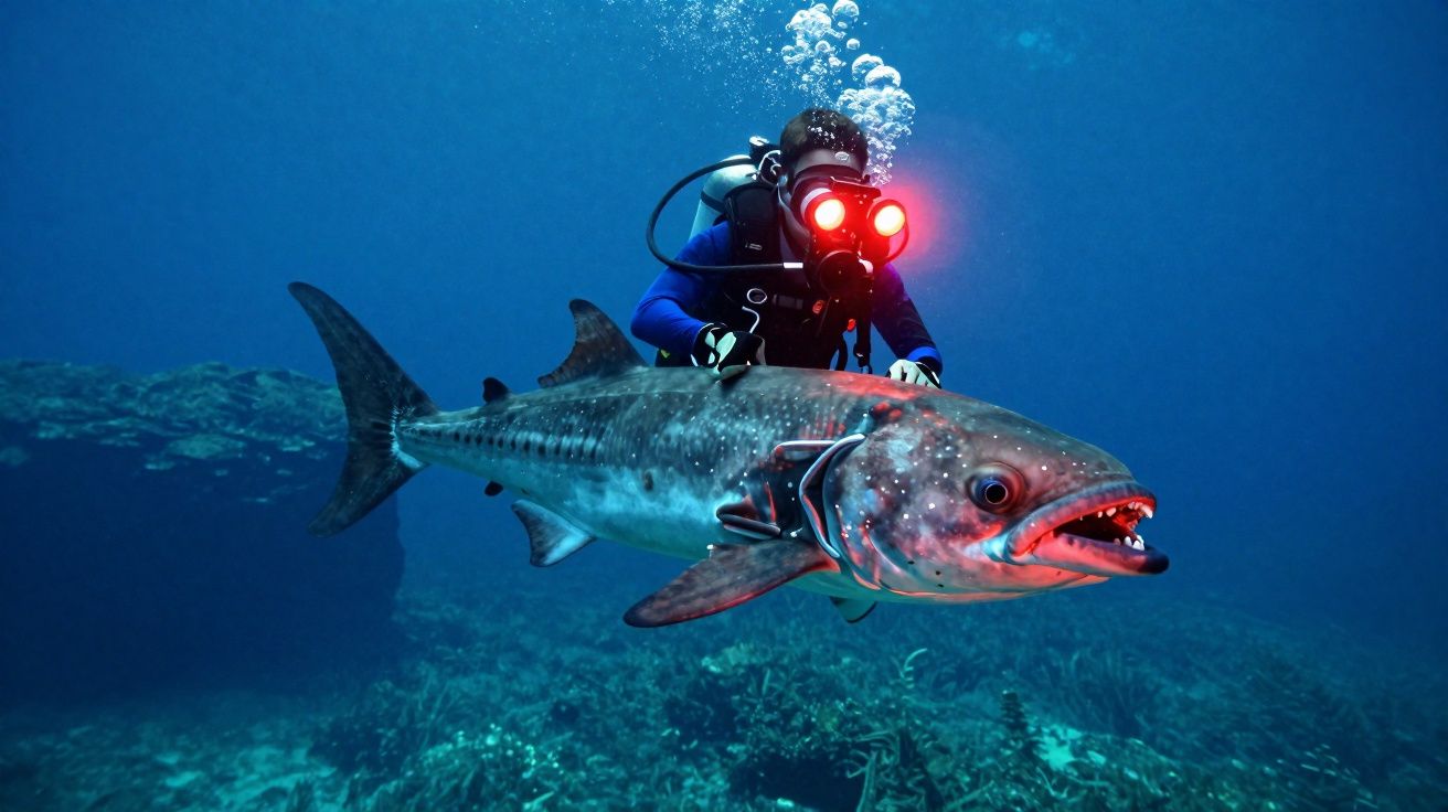Mergulhador com luzes vermelhas a nadar junto a um grande peixe predador no fundo do oceano.