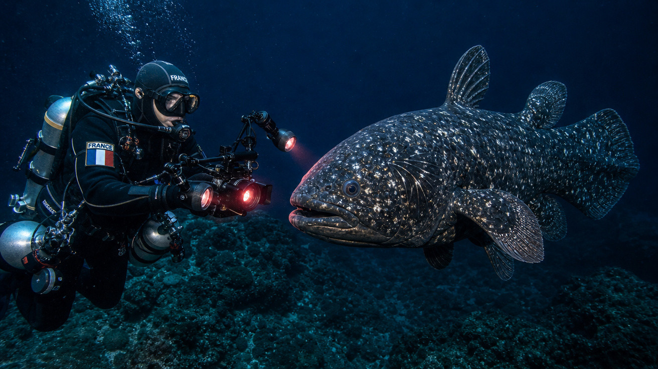 Mergulhador fotografa peixe-goliath com equipamento de luzes no fundo do mar.
