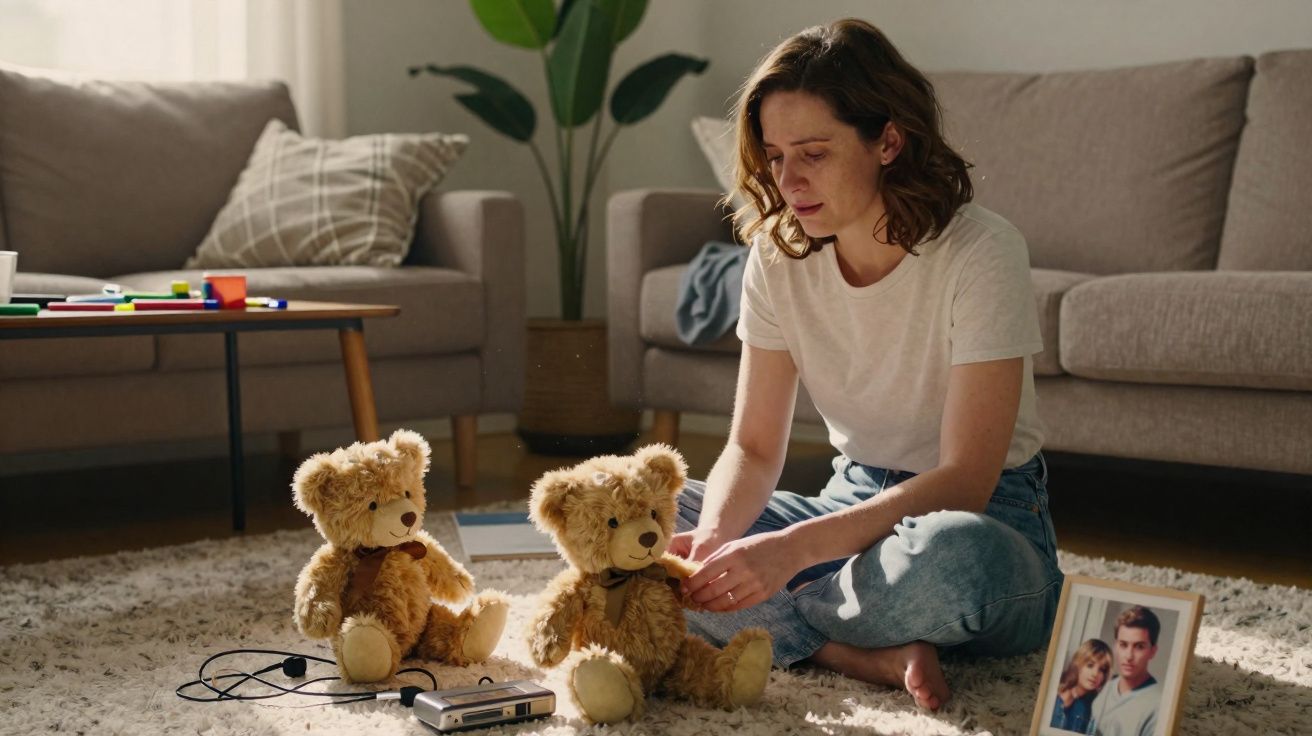 Mulher sentada no chão, triste, com dois ursinhos de peluche e uma fotografia familiar ao lado.