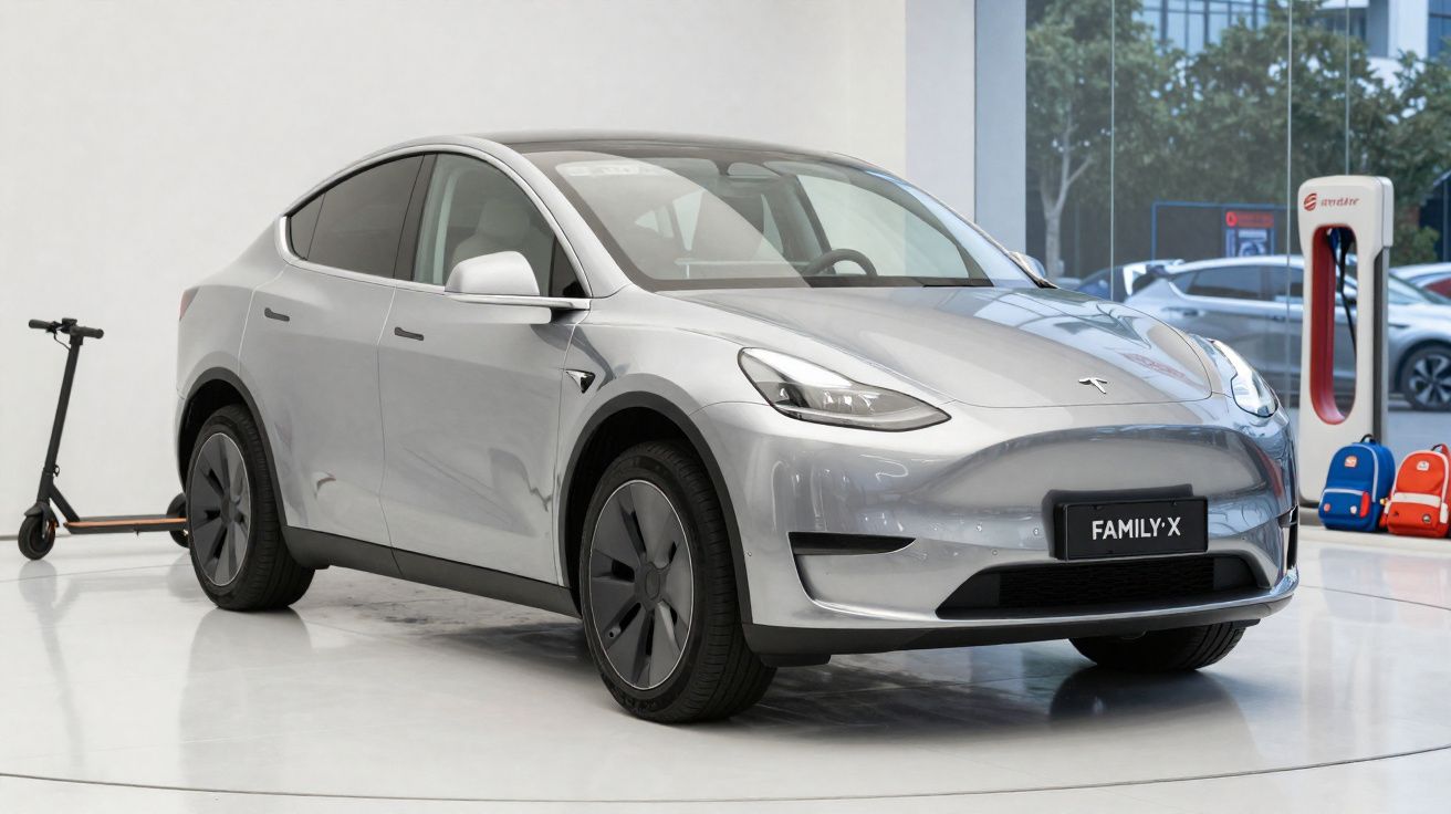 Carro elétrico Tesla Model Y prateado estacionado numa sala com trotinetes e estação de carregamento elétrica ao fundo.