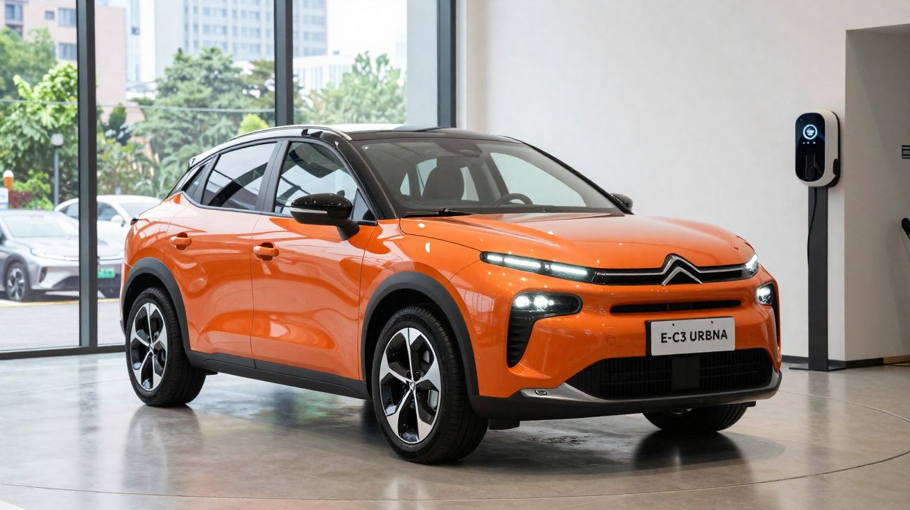Citroën elétrico E-C3 Urbna laranja em showroom moderno com estação de carregamento.