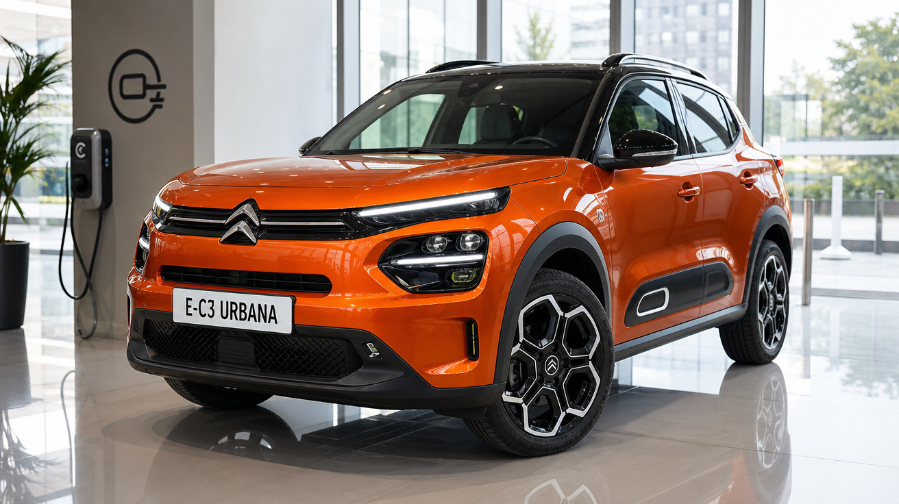 Citroën E-C3 Urbana elétrico laranja exposto em showroom moderno com carregador disponível na parede.