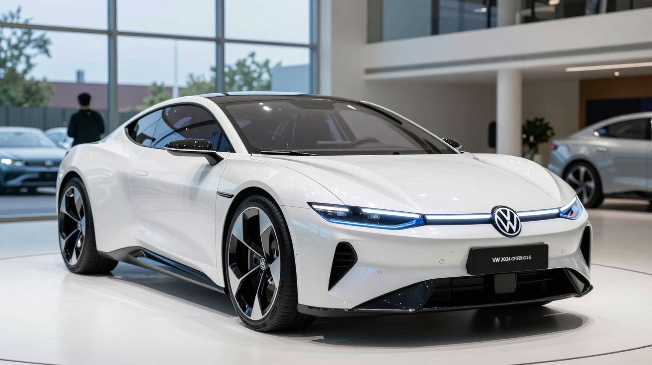Carro desportivo eléctrico branco Volkswagen ID. Aero em exposição dentro de salão moderno.