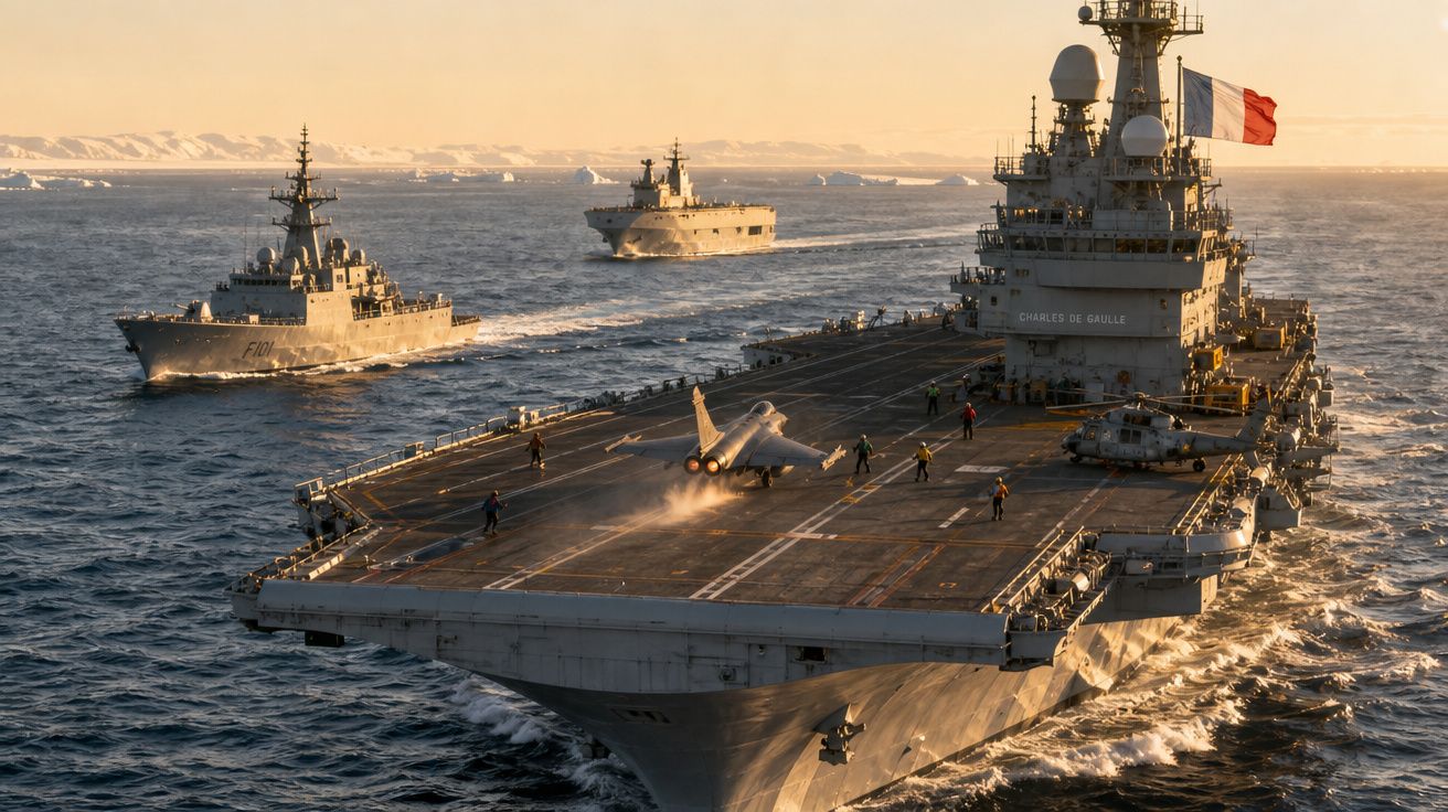 Porta-aviões Charles de Gaulle com caça e helicóptero a bordo, escoltado por dois navios militares no mar.