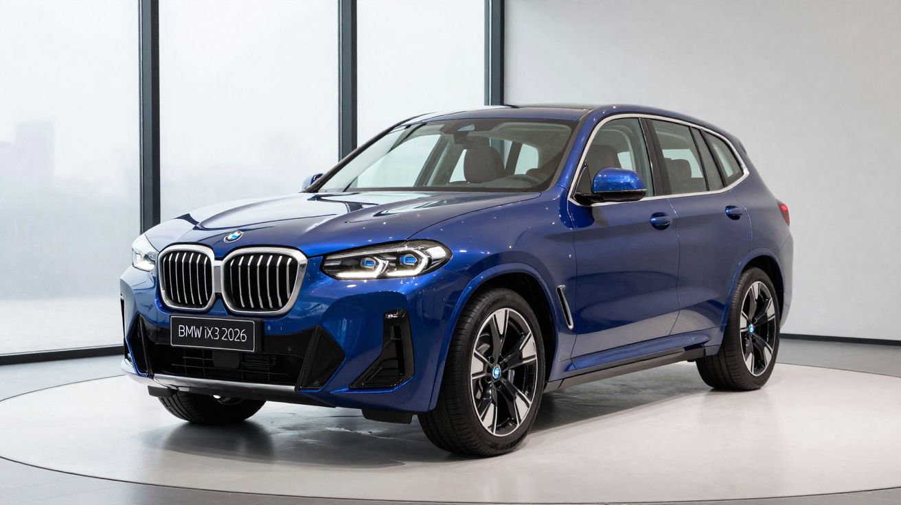 Carro azul BMW iX3 2026 estacionado em espaço moderno com grandes janelas de vidro.
