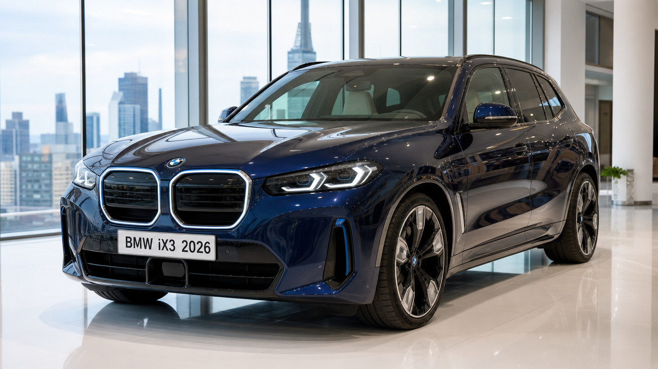Carro elétrico BMW iX3 2026 azul escuro em exposição numa sala com janelas grandes e vista urbana.