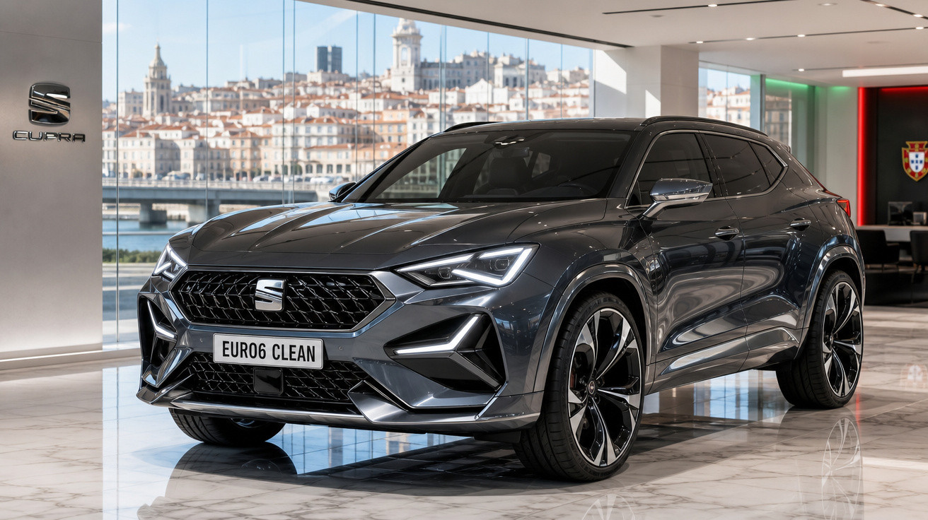 Automóvel SEAT cinzento escuro num showroom com vista para edifícios e rio ao fundo em Lisboa.