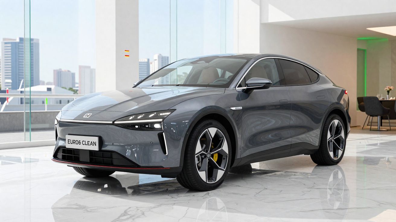 Carro elétrico cinza escuro estacionado em showroom moderno com chão em mármore branco e janelas amplas.
