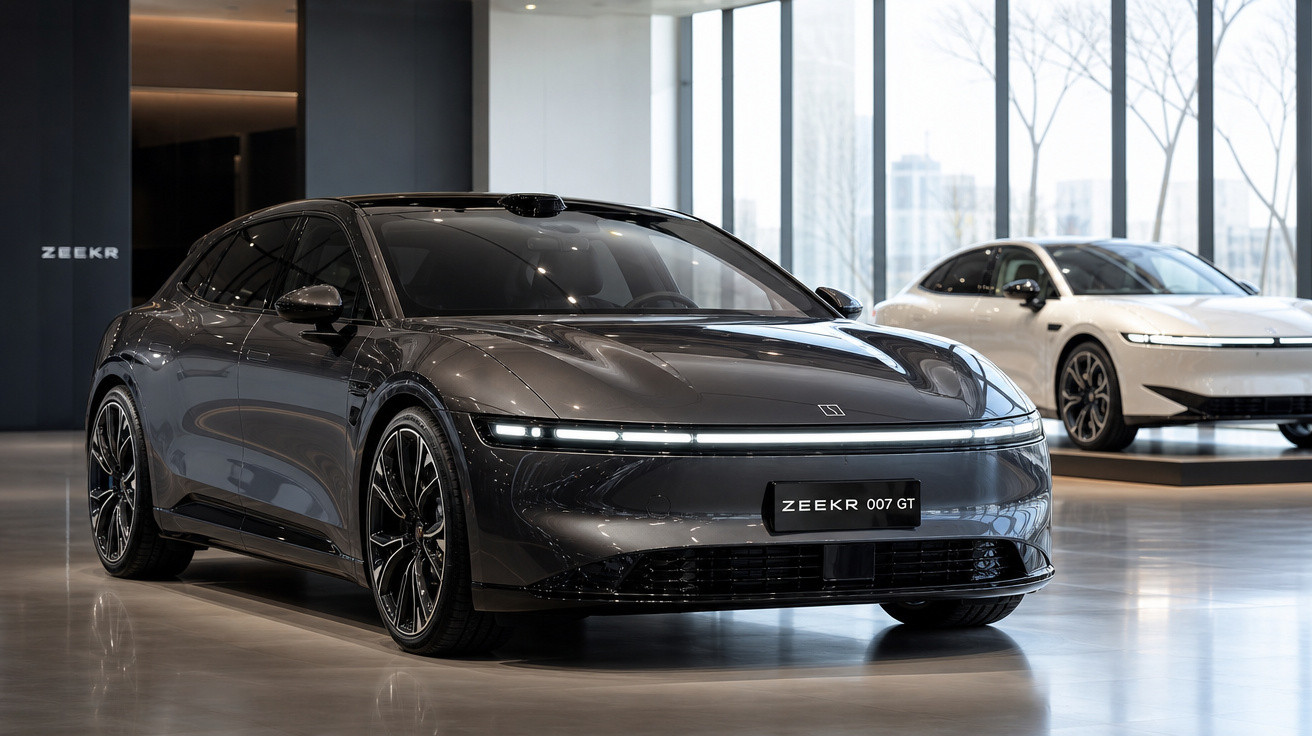 Carro elétrico Zeekr 007 GT cinza escuro em exposição moderna e minimalista com outro carro branco ao fundo.