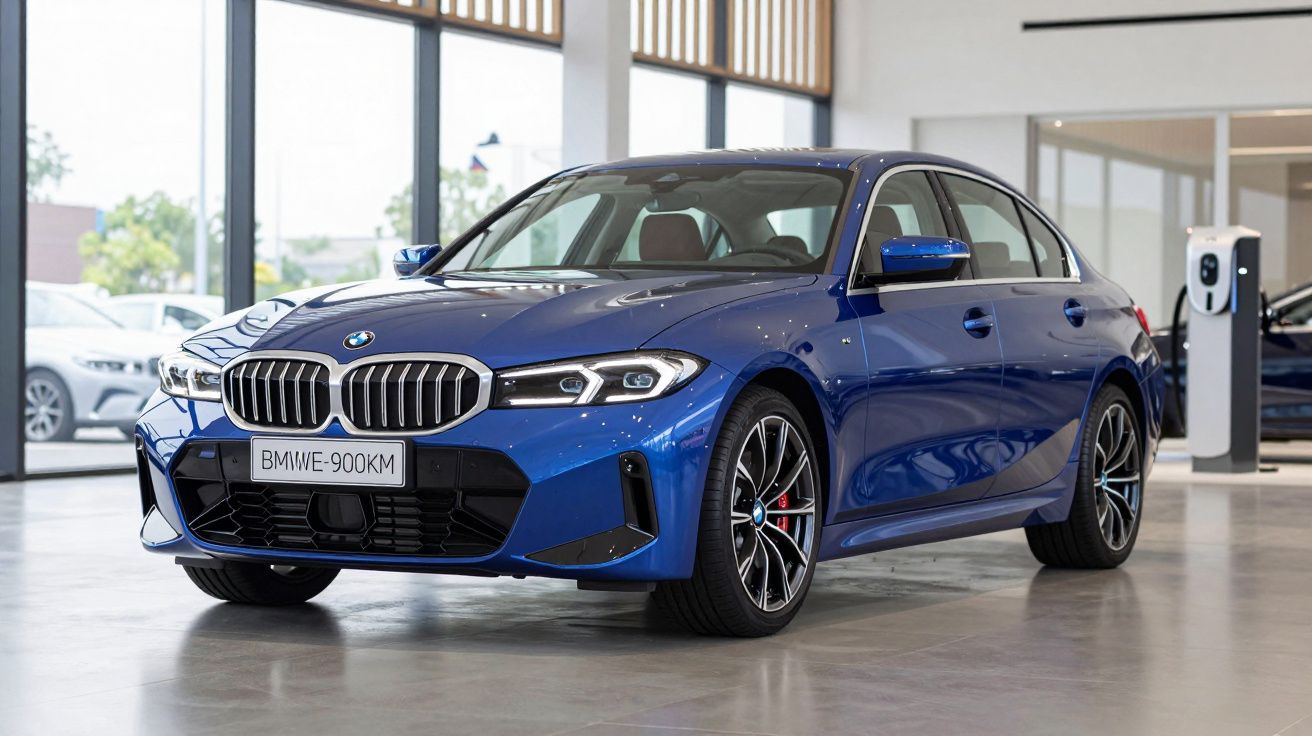 Automóvel BMW azul estacionado numa sala de exposição moderna com janelas amplas.