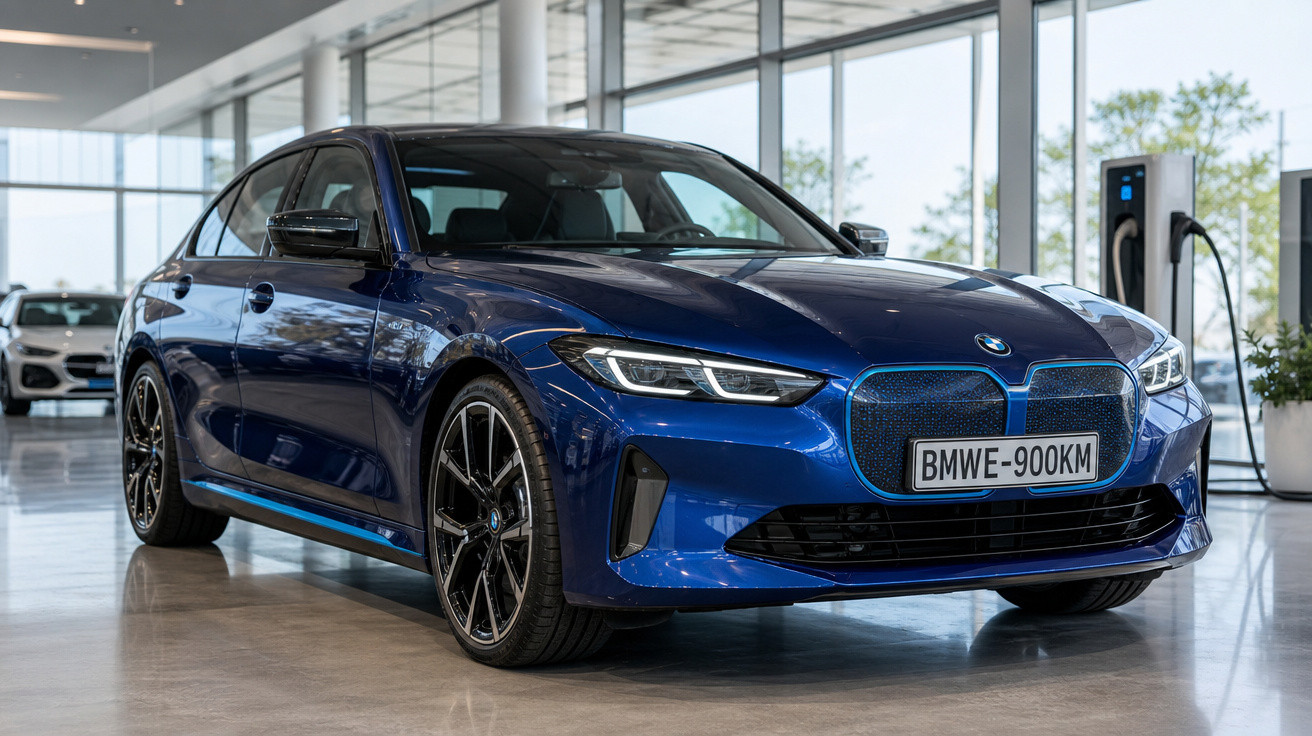 Carro elétrico BMW azul estacionado junto a posto de carregamento dentro de espaço moderno e iluminado.
