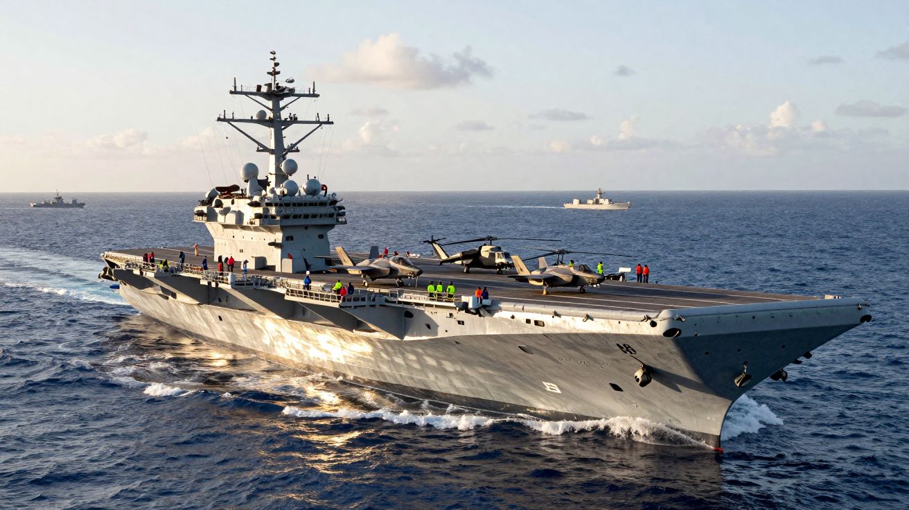Porta-aviões militar a navegar no mar com vários aviões de combate no convés e tripulação a bordo.
