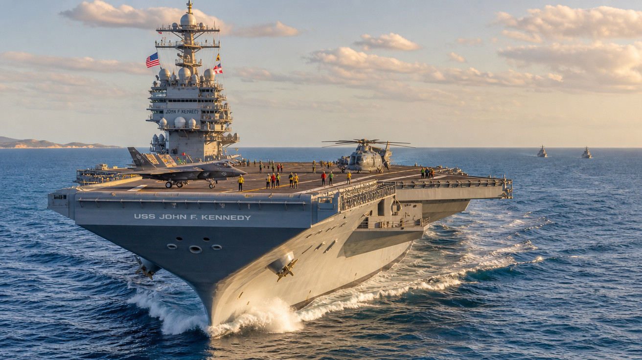 Porta-aviões USS John F. Kennedy a navegar no mar com avião e helicóptero no convés ao pôr do sol.