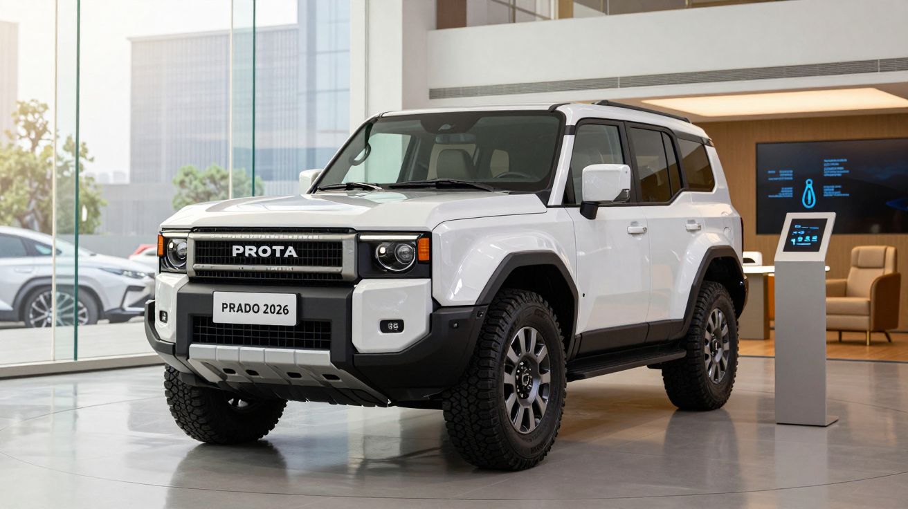 Carro SUV branco Prota Prado 2026 exibido em concessionária moderna com vidros grandes e decoração minimalista.