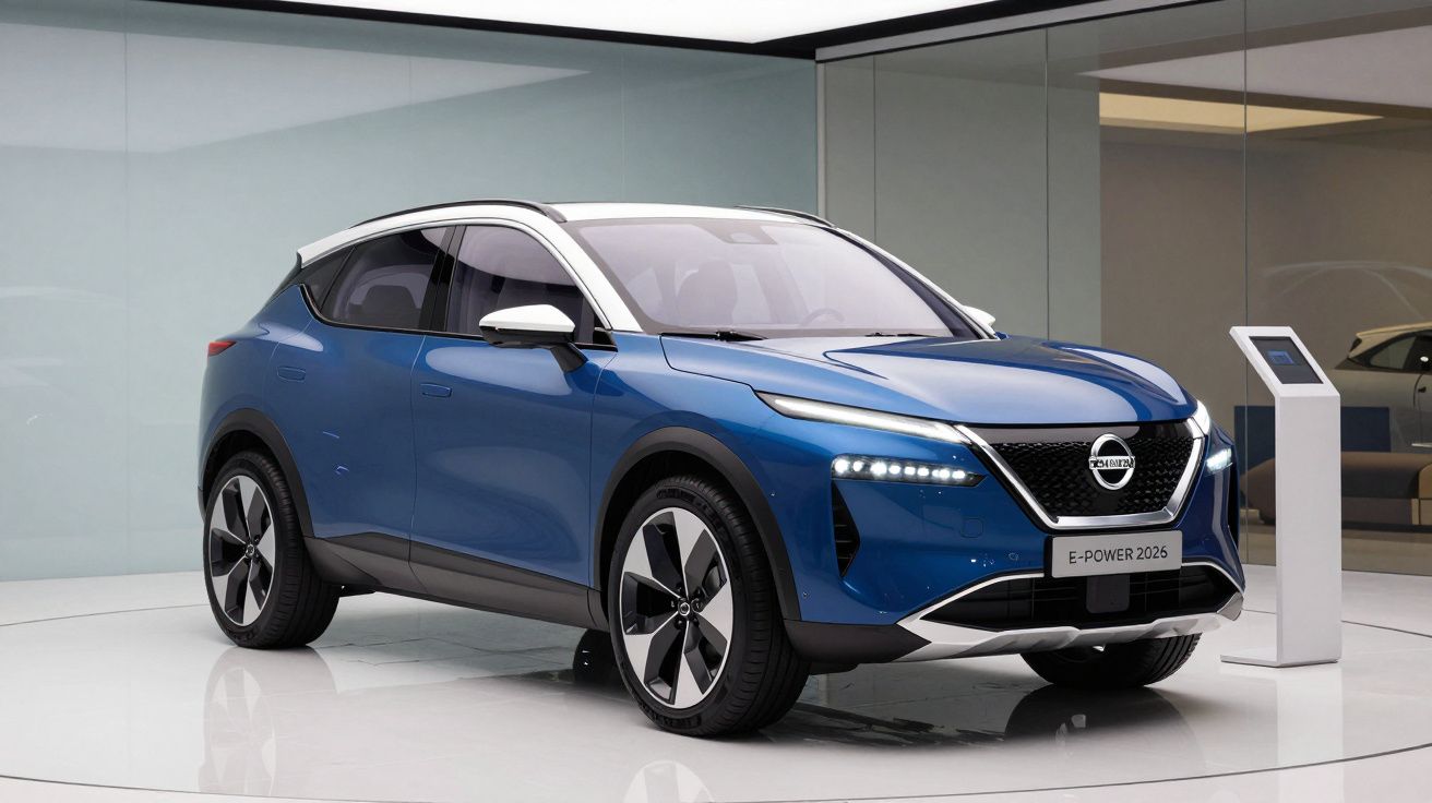 Carro elétrico azul Nissan E-Power 2025 em exibição numa sala moderna com iluminação suave.