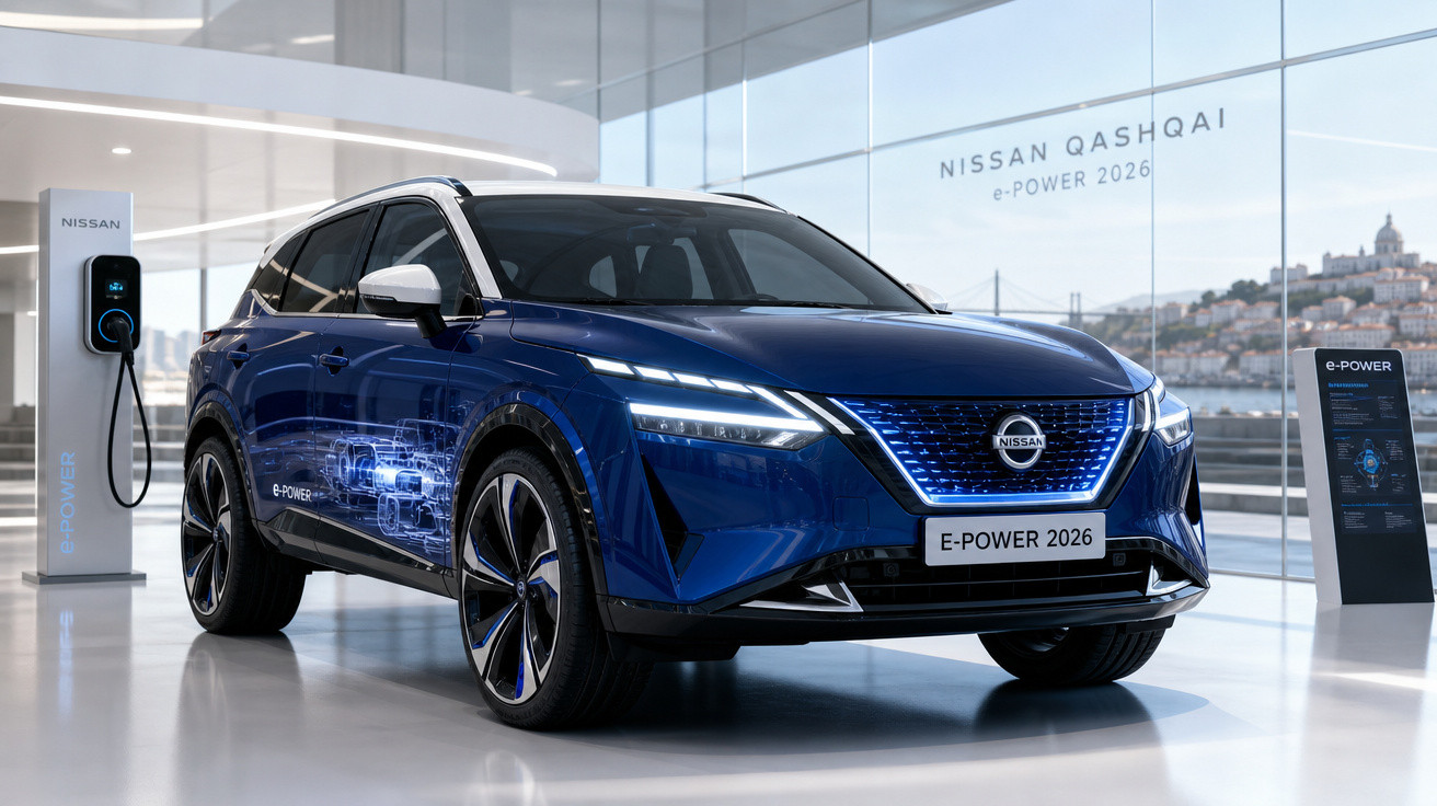 Carro elétrico Nissan Qashqai e-Power 2026 azul em exposição numa sala moderna com carregador.