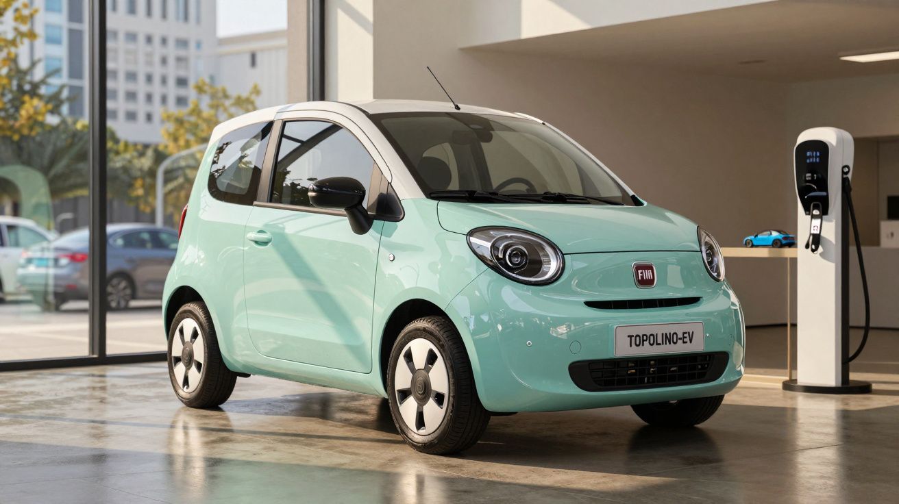 Carro elétrico Fiat Topolino EV azul claro estacionado junto a posto de carregamento interior.