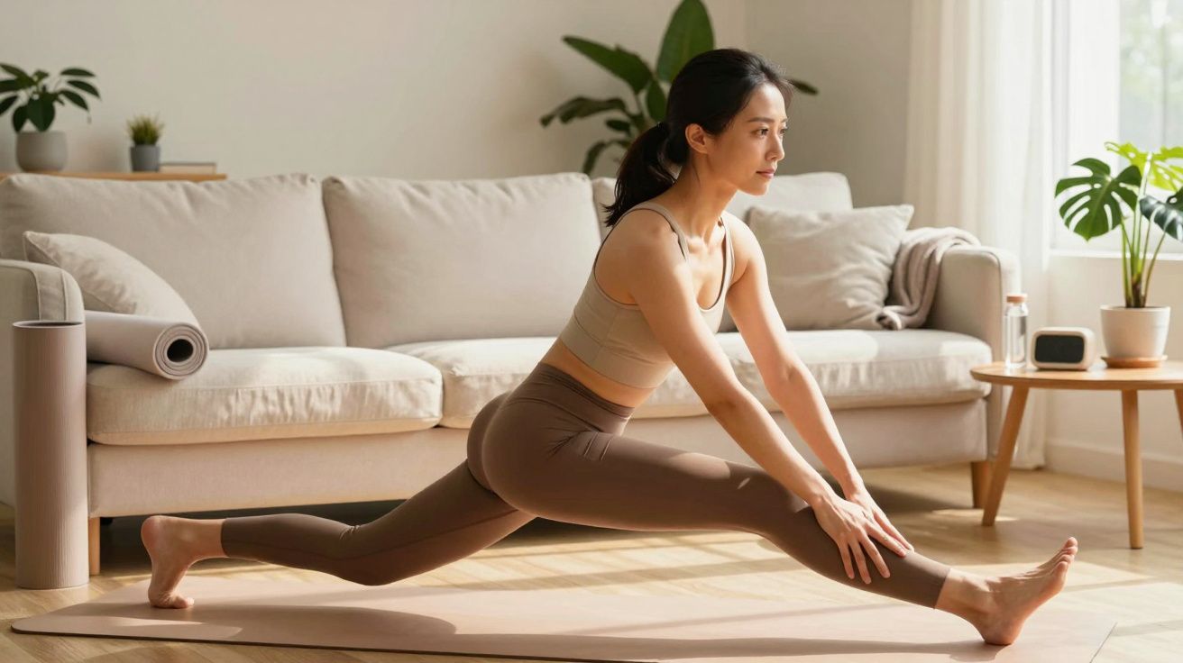 Mulher a fazer alongamento num tapete de yoga numa sala iluminada e decorada com plantas.