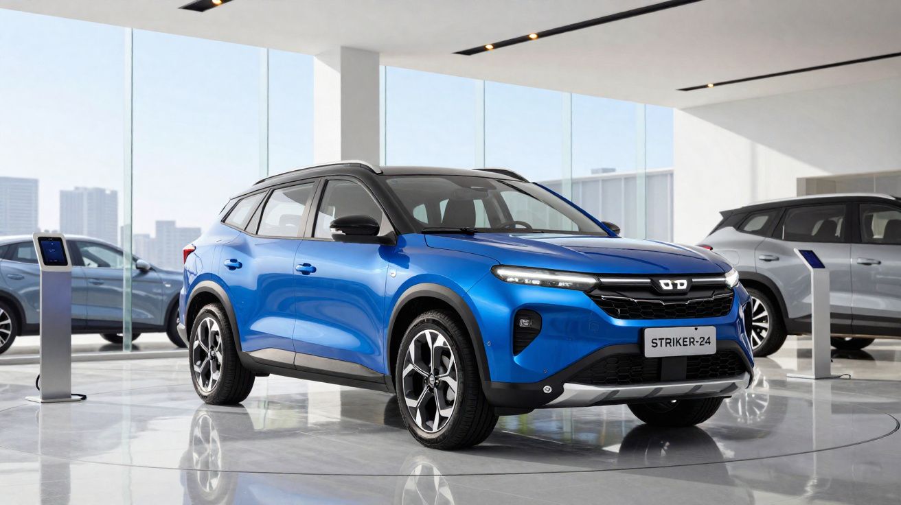 Veículo SUV azul Striker-24 em exposição num showroom com paredes de vidro.