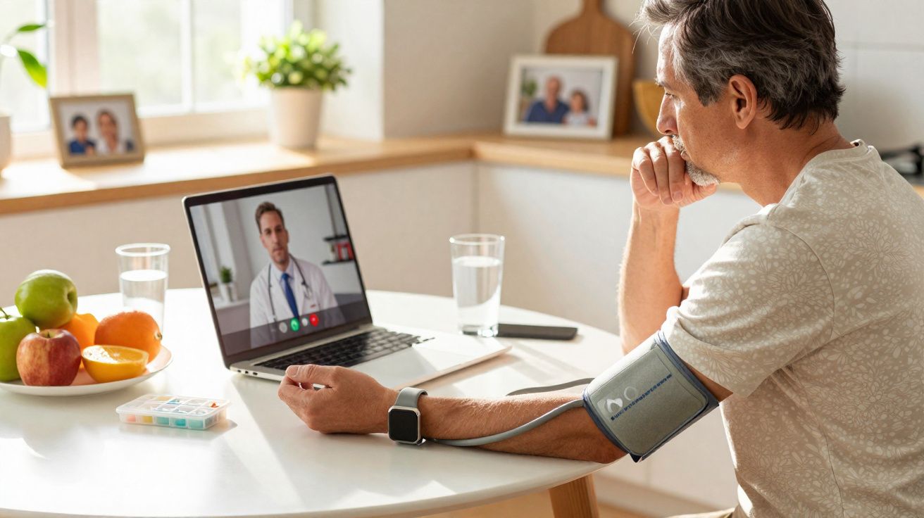 Homem a medir pressão arterial e a consultar médico online num ambiente doméstico iluminado.
