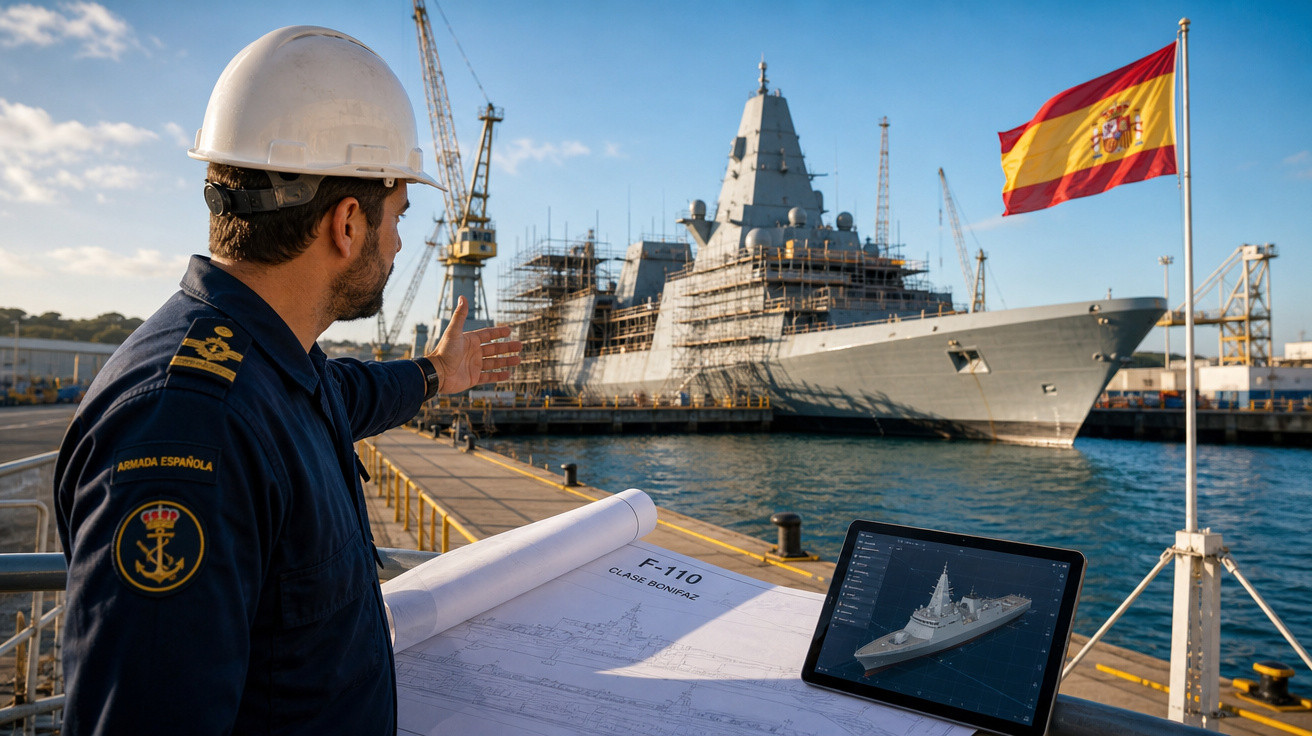 Homem da Armada Espanhola com capacete observa fragata F-110 em doca, com planta e computador ao lado.
