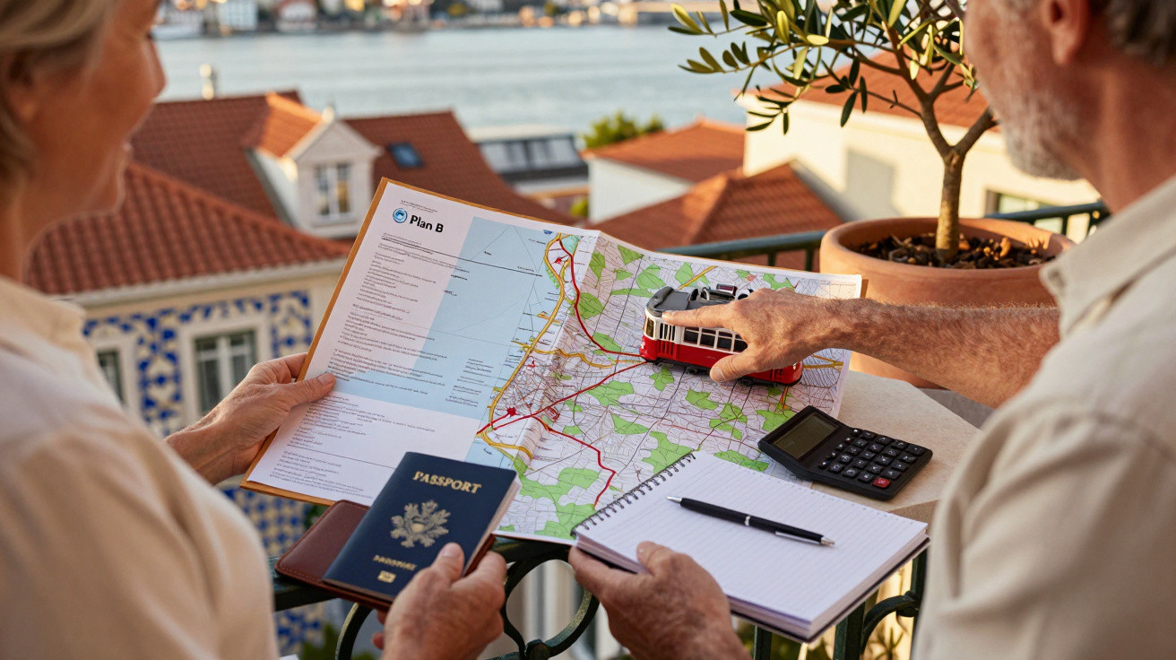 Casal planeia viagem com mapa, passaporte e mini elétrico numa varanda com vista para rio e casas tradicionais.