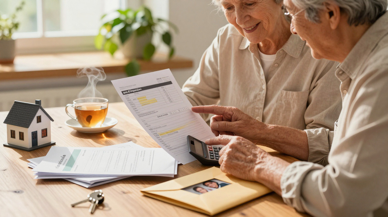 Casal sénior a analisar documentos financeiros numa mesa com uma calculadora, miniatura de casa e chá quente.