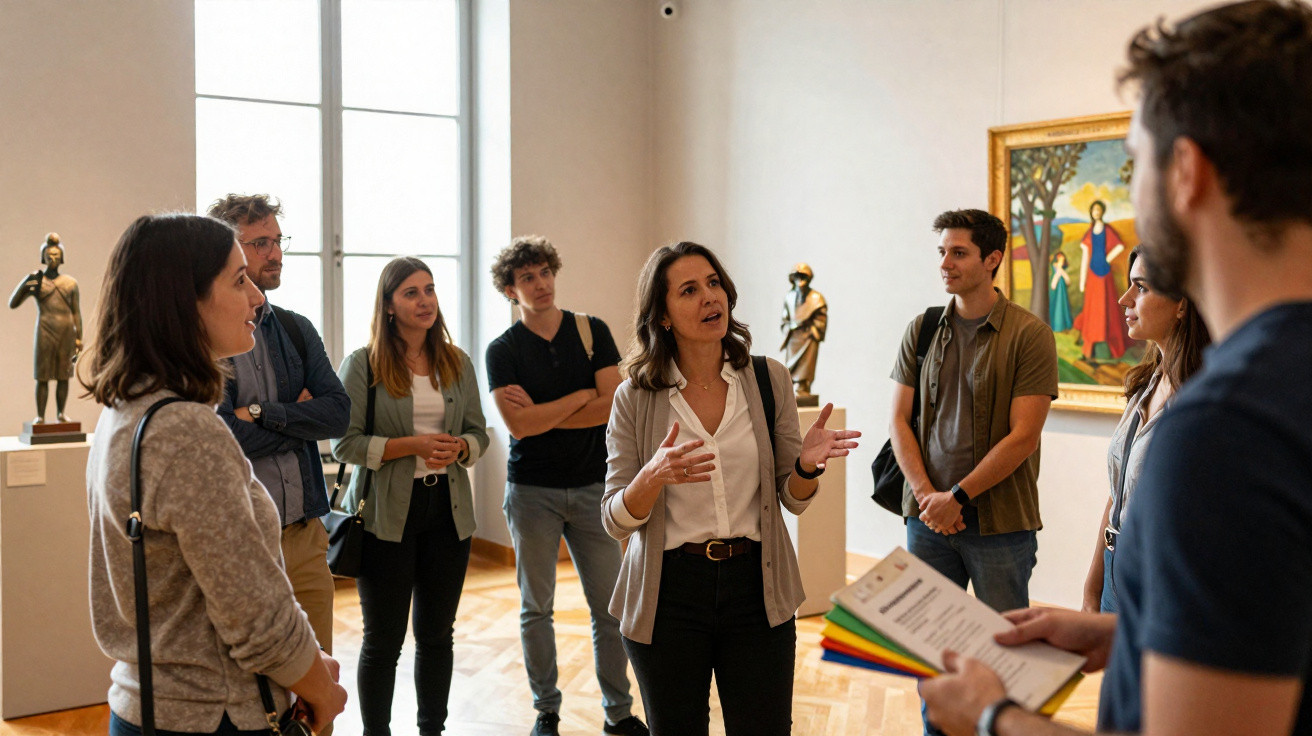 Grupo de pessoas a ouvir uma guia em visita guiada num museu com esculturas e pinturas.