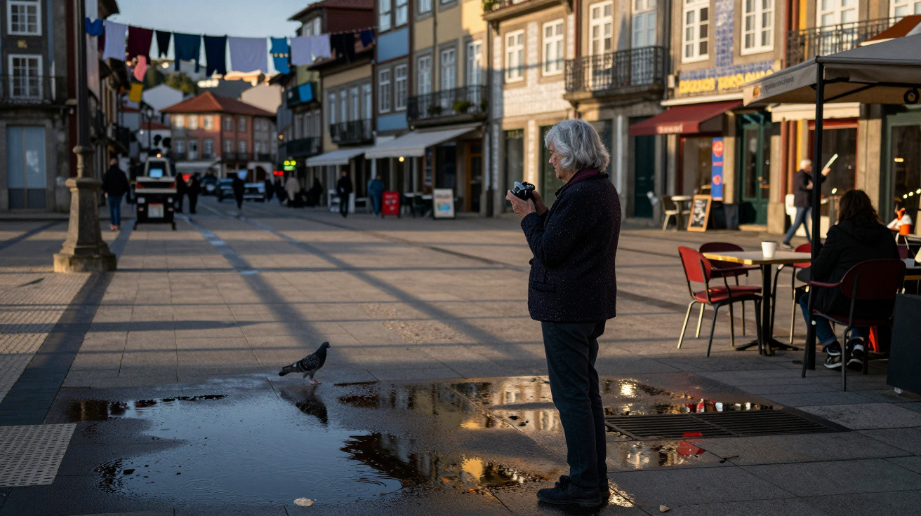 Pessoa de cabelo grisalho fotografa pombo numa praça com reflexo de edifícios em poça de água.