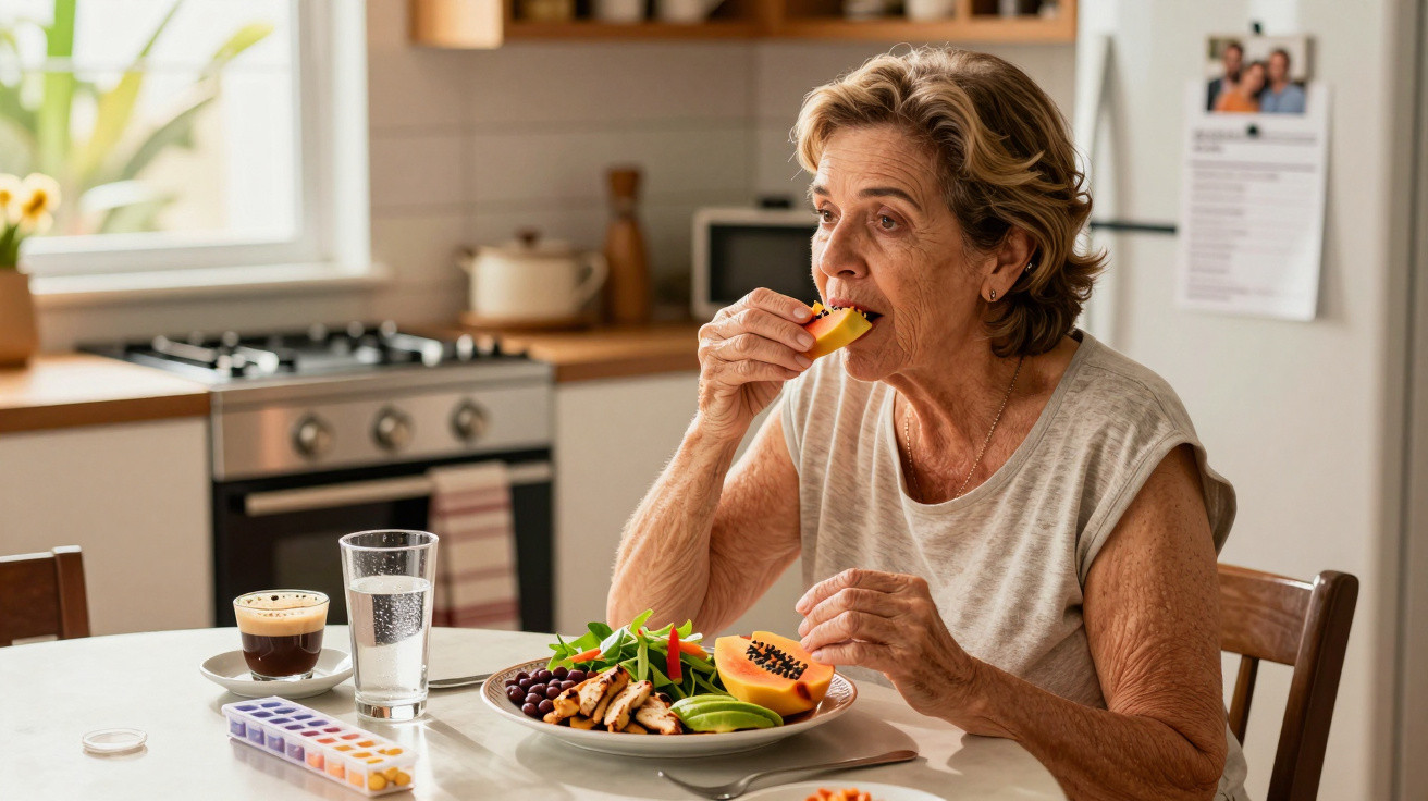 Mulher idosa a comer papaia numa cozinha, com prato de fruta, café e comprimidos na mesa.