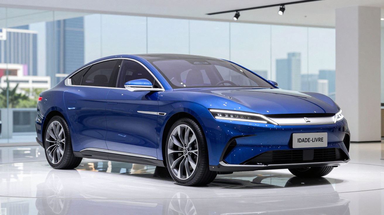 Carro desportivo eléctrico azul num salão de automóveis moderno e luminoso.