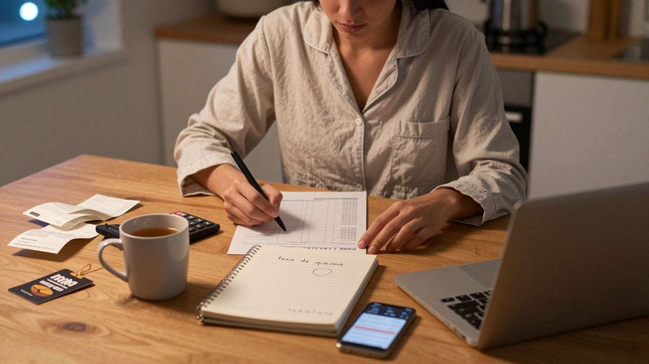 Mulher a fazer contas à mesa com cadernos, laptop, telemóvel, caneca de chá e recibos à volta.