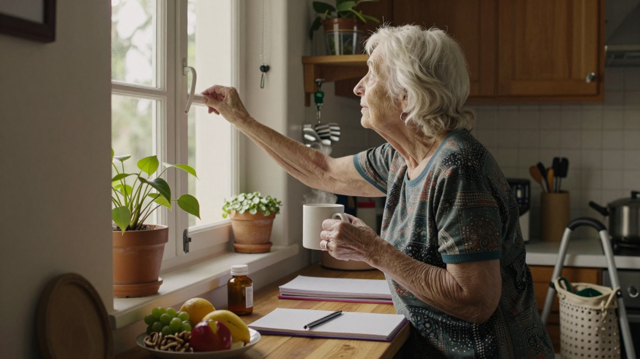 Idosa abre a janela na cozinha, segurando uma chávena, com frutas e plantas no balcão.