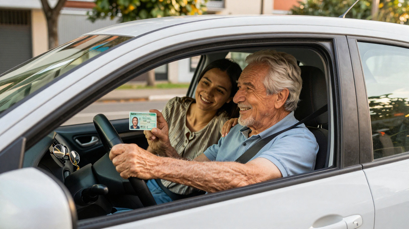 Homem idoso sorridente ao volante segura carta de condução com mulher jovem sorridente ao seu lado no carro branco.