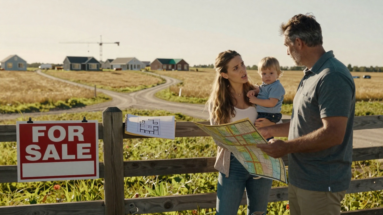 Família a analisar planta de terreno com placa de venda junto a estrada rural e casas ao fundo.