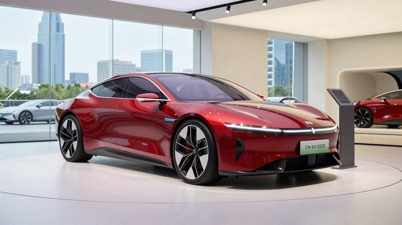 Carro elétrico desportivo vermelho em exposição numa sala com grandes janelas e vista urbana.