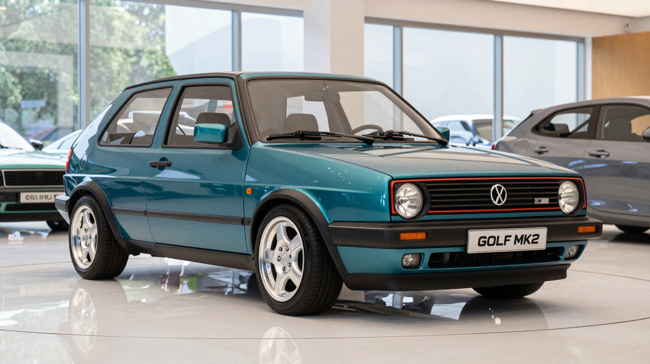 Carro Volkswagen Golf MK2 azul metálico antigo exposto em sala de garagem luminosa.