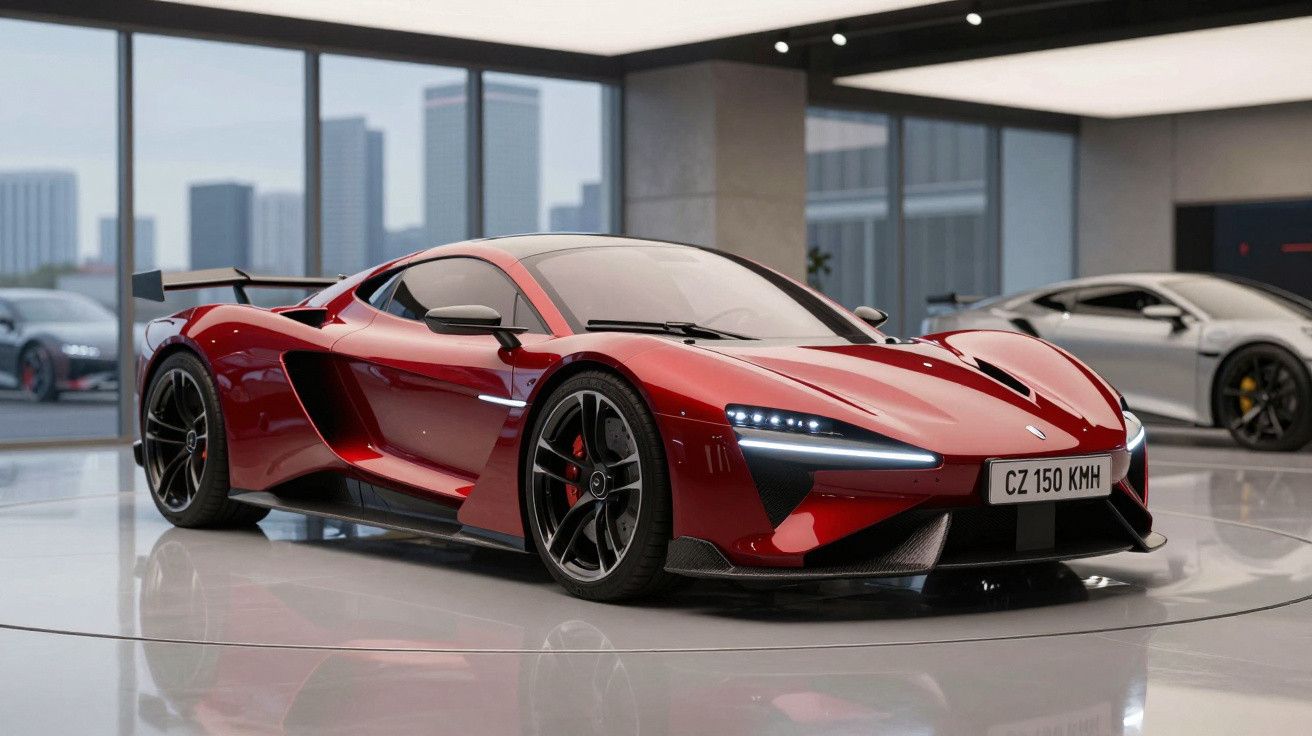 Carro desportivo vermelho com faróis LED, em exposição numa sala moderna com janelas panorâmicas.