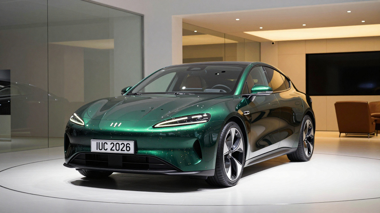 Carro elétrico verde metálico apresentado num showroom iluminado, com design moderno e elegante.