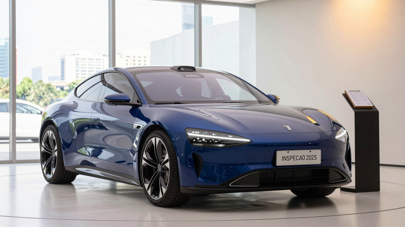 Automóvel desportivo elétrico azul exposto em salão moderno com placa "INSPECAO 2025".