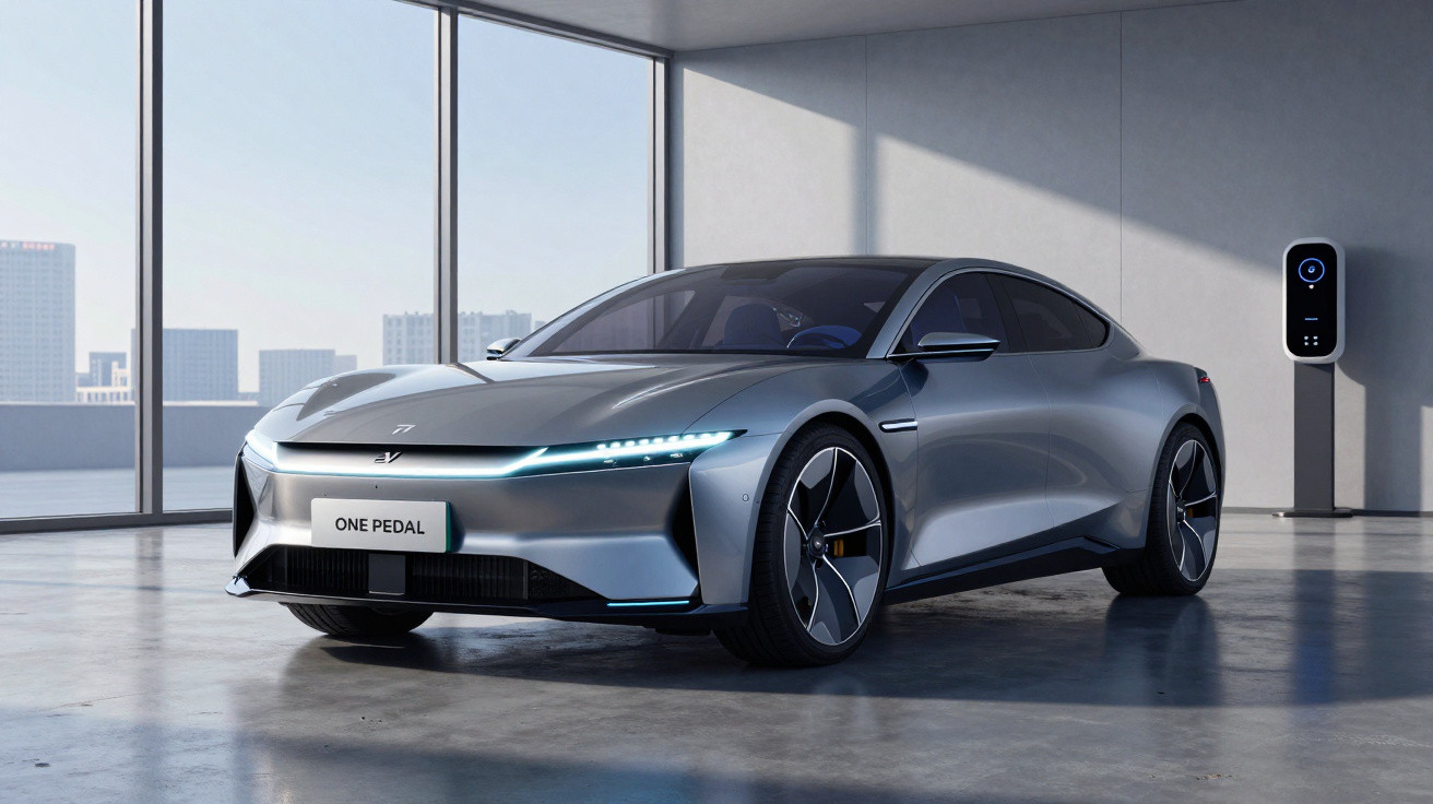 Carro elétrico desportivo cinza estacionado em garagem moderna com carregador elétrico ao fundo.