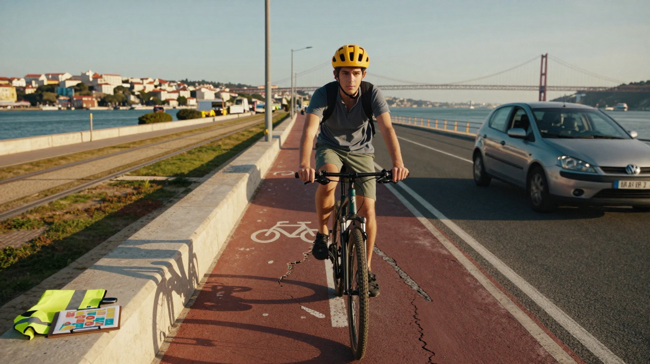 Jovem de capacete amarelo anda de bicicleta na ciclovia junto a estrada com carro e rio ao fundo.
